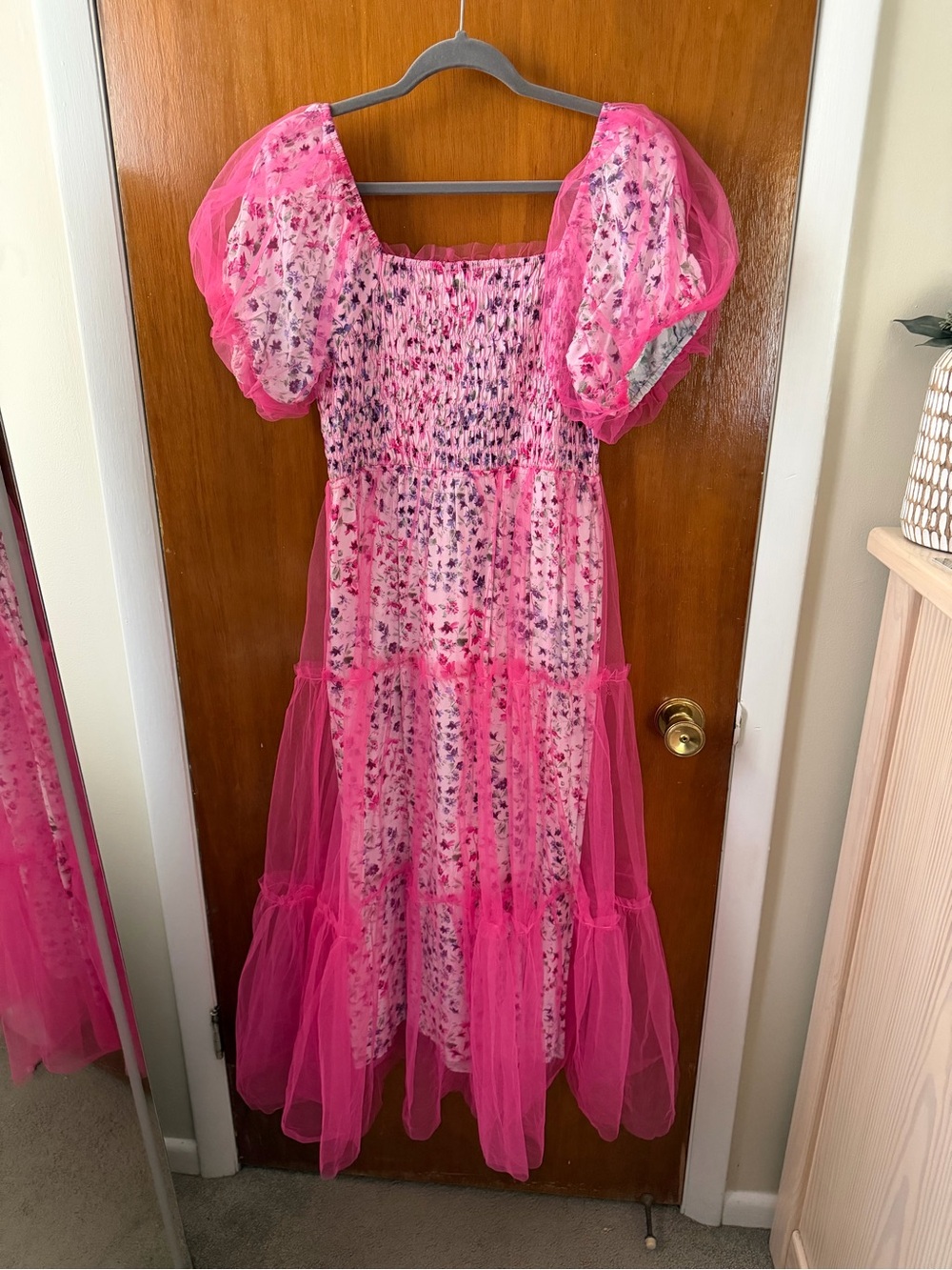 Pink Blush Maternity Magenta Floral Lined Smocked Tulle Maternity Midi Dress